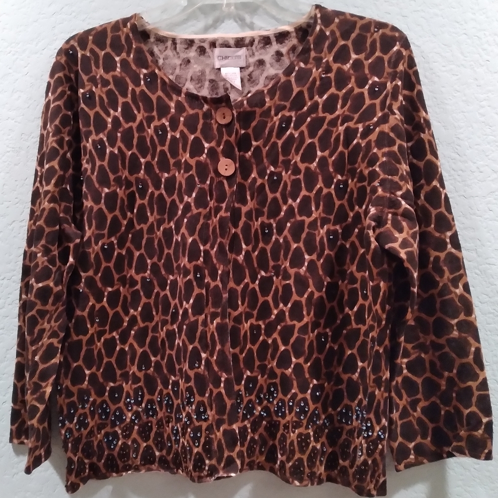 Chico's Women's Animal Print Light Weight Front Button Sweater Size 2 or L